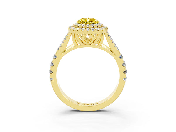 Yellow gold Double Halo Pear Cut Yellow Sapphire Pavé Split Shank Ring with Prong Setting