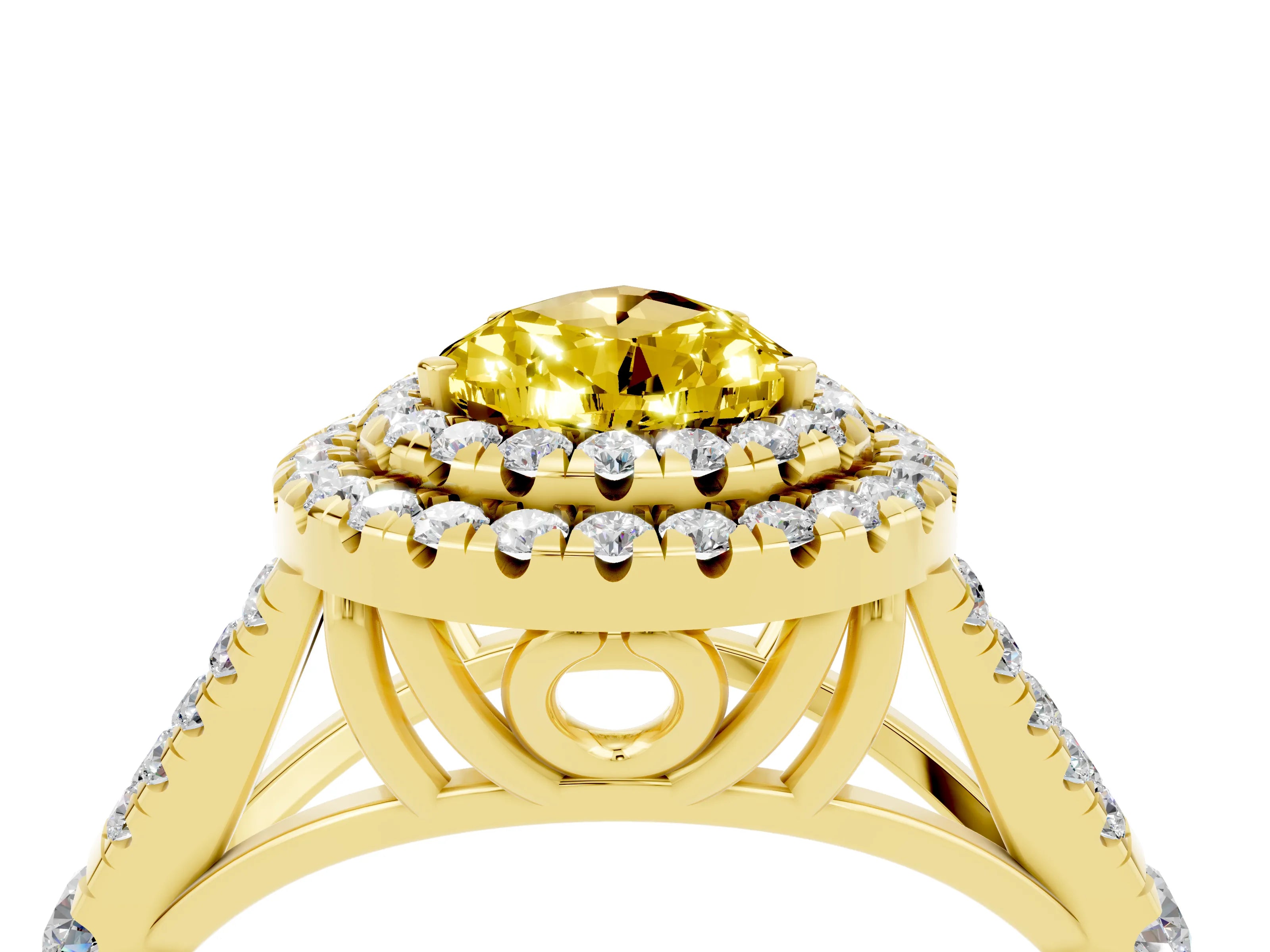 Yellow gold Double Halo Pear Cut Yellow Sapphire Pavé Split Shank Ring with Prong Setting_4