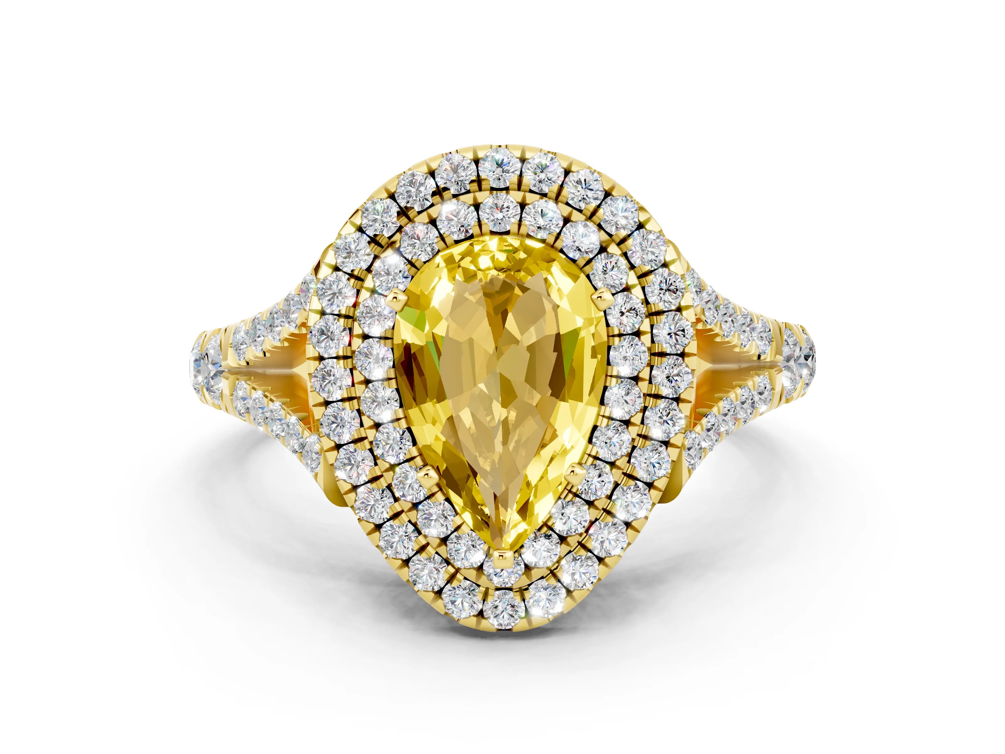 Yellow gold Double Halo Pear Cut Yellow Sapphire Split Shank Engagement Ring with Four-Prong Setting