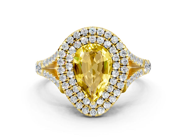 Yellow gold Double Halo Pear Cut Yellow Sapphire Split Shank Engagement Ring with Four-Prong Setting