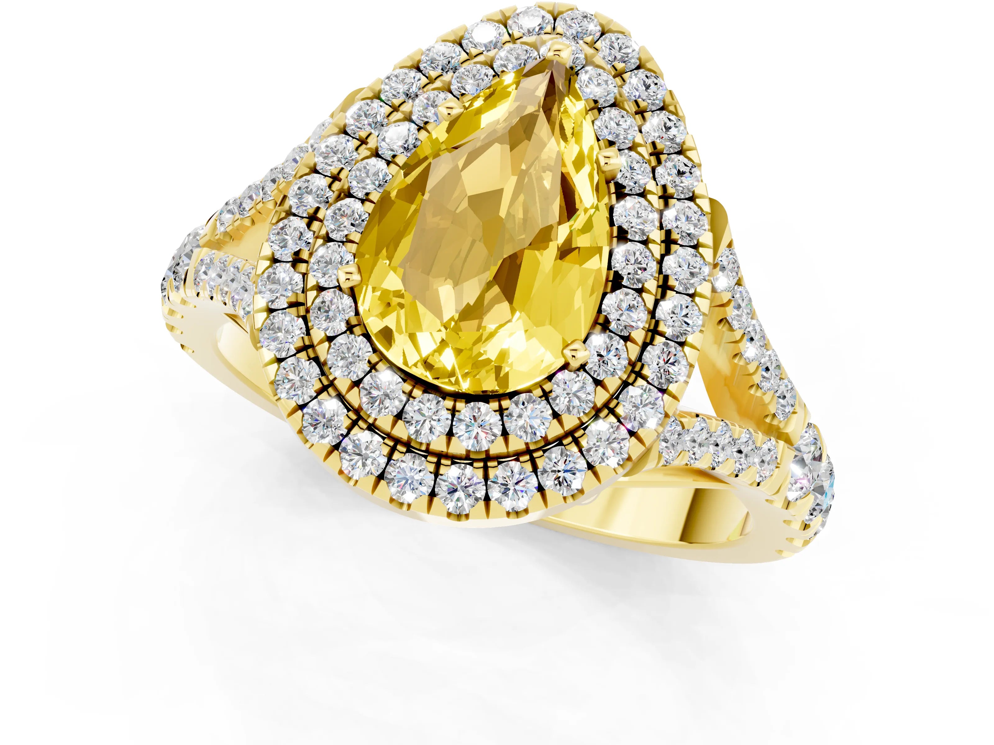 Yellow gold Double Halo Pear Cut Yellow Sapphire Split Shank Engagement Ring with Four-Prong Setting_1