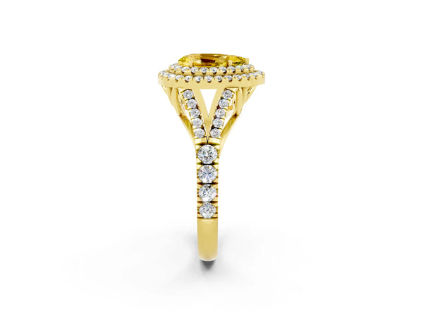 Yellow gold Double Halo Pear Cut Yellow Sapphire Split Shank Engagement Ring with Four-Prong Setting