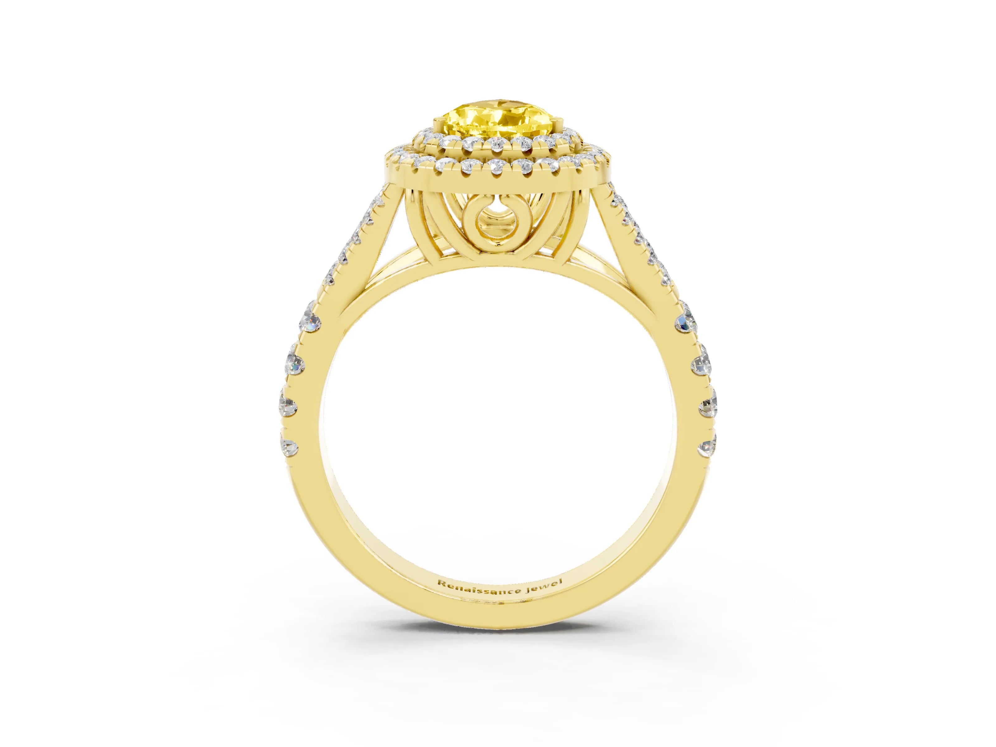 Yellow gold Double Halo Pear Cut Yellow Sapphire Split Shank Engagement Ring with Four-Prong Setting_3
