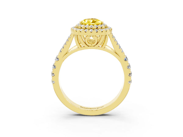 Yellow gold Double Halo Pear Cut Yellow Sapphire Split Shank Engagement Ring with Four-Prong Setting