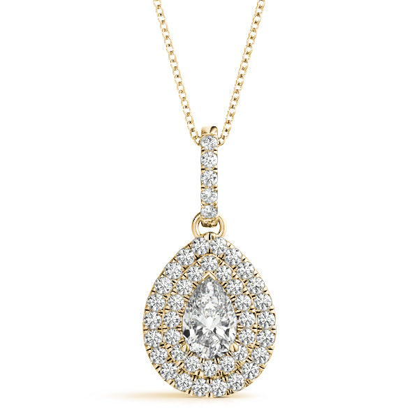 Yellow gold Double Halo Pear Diamond Pendant with Pavé Setting