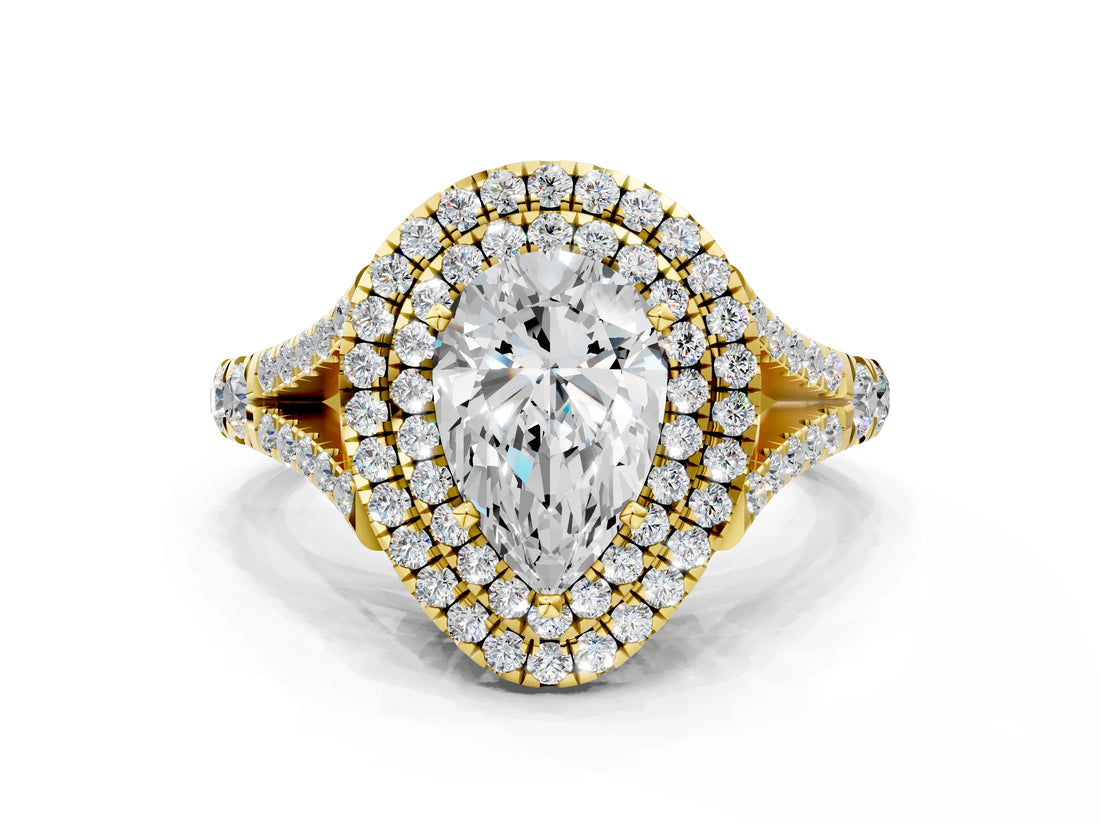Yellow gold Double Halo Pear-Shaped Split Shank Diamond Ring with Prong Setting_18