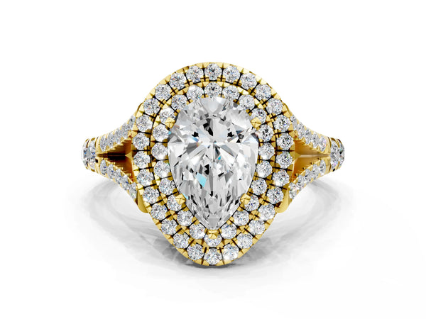 Yellow gold Pear Cut Diamond Double Halo Ring with Split Shank and Prong Setting