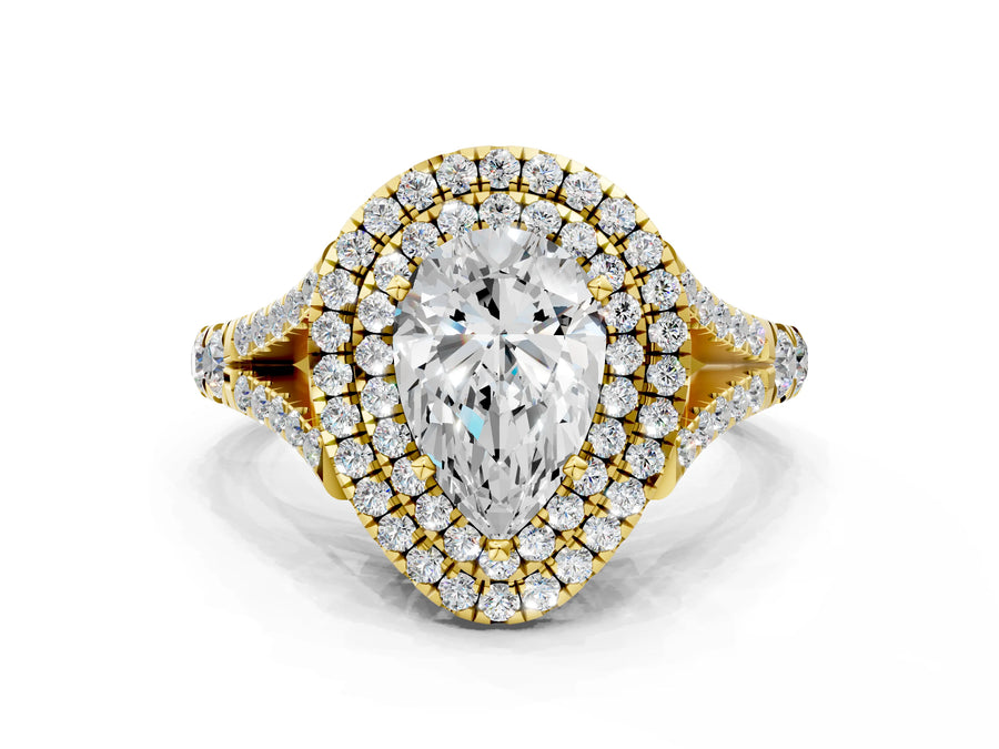 Yellow gold Pear Cut Diamond Double Halo Ring with Split Shank and Prong Setting