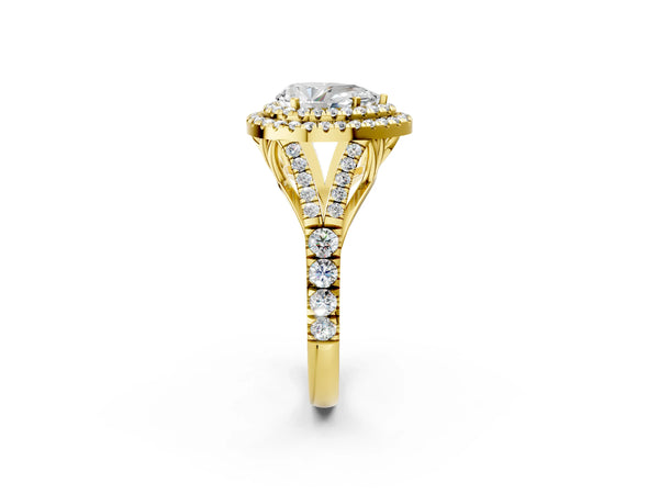 Yellow gold Pear Cut Diamond Double Halo Ring with Split Shank and Prong Setting