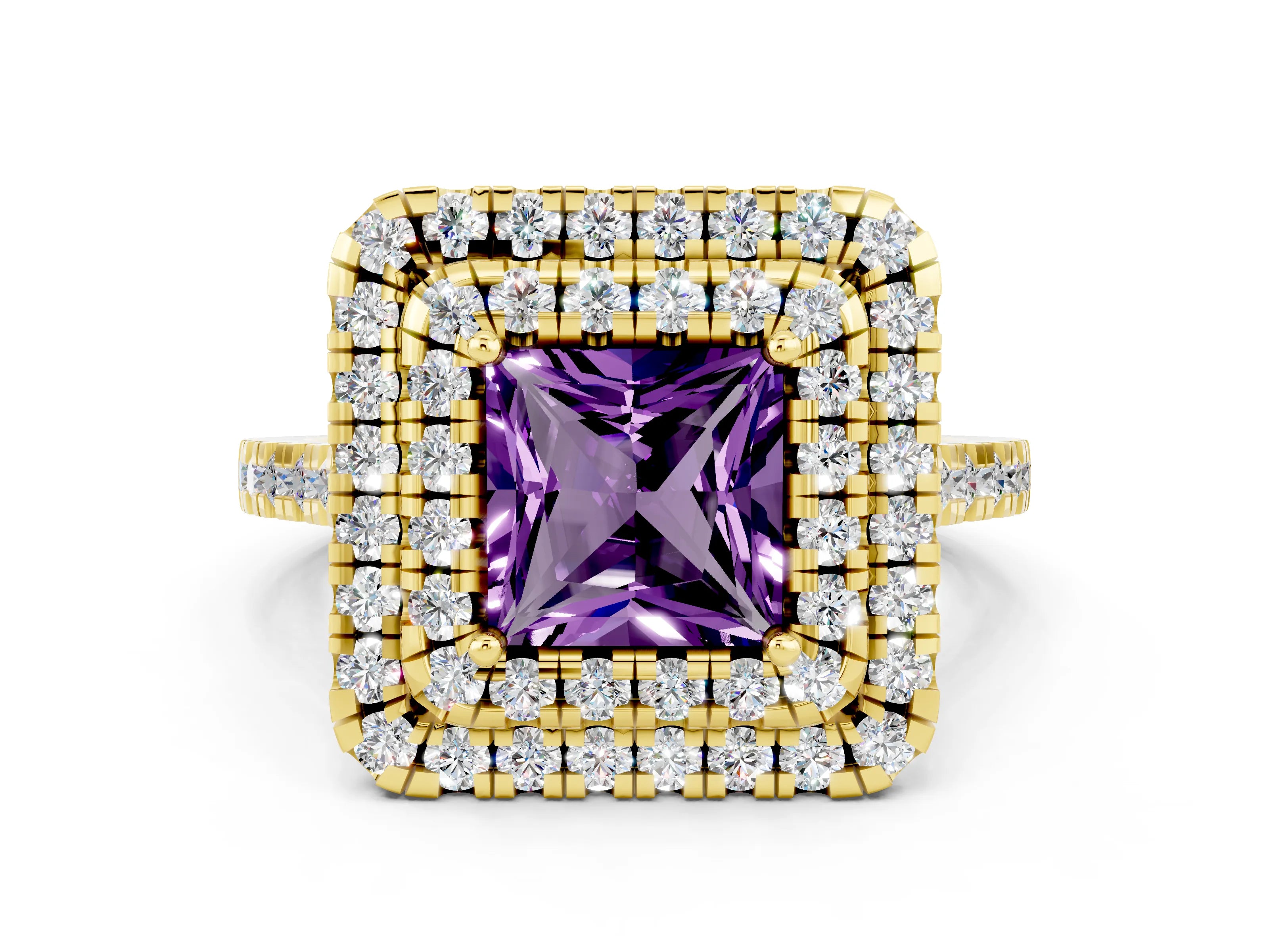 Yellow gold Double Halo Princess Cut Amethyst Pavé Band with Four-Prong Setting