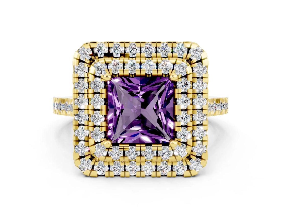 Yellow gold Double Halo Princess Cut Amethyst Pavé Band with Four-Prong Setting