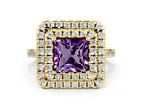 Yellow gold Double Halo Princess Cut Amethyst Pavé Band with Four-Prong Setting