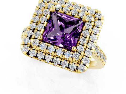 Yellow gold Double Halo Princess Cut Amethyst Pavé Band with Four-Prong Setting_1