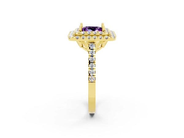 Yellow gold Double Halo Princess Cut Amethyst Pavé Band with Four-Prong Setting