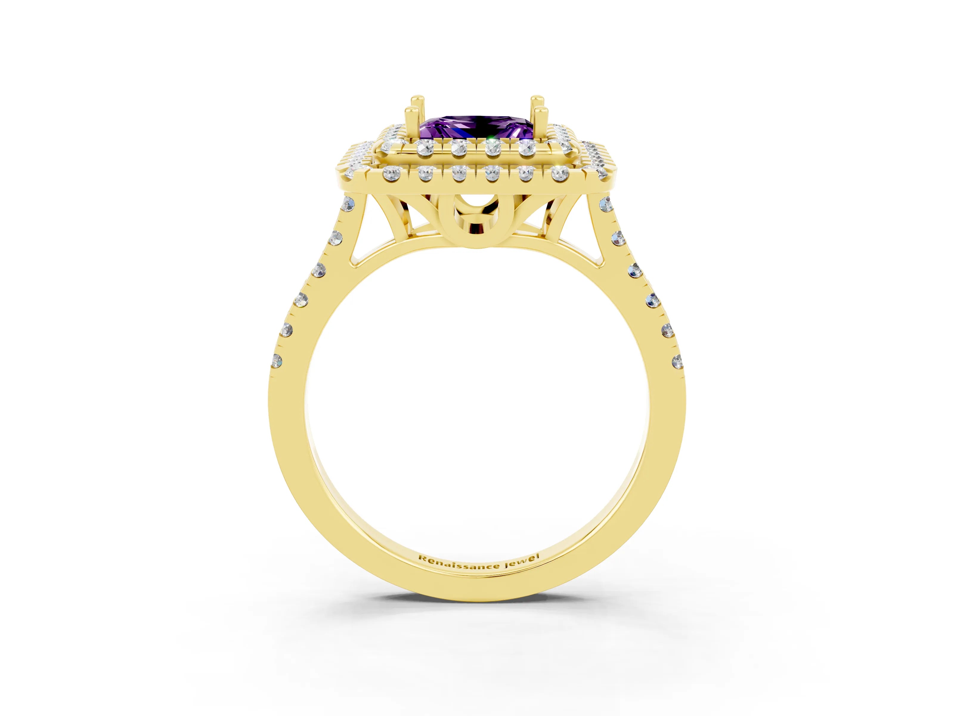 Yellow gold Double Halo Princess Cut Amethyst Pavé Band with Four-Prong Setting_3