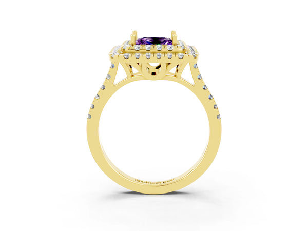 Yellow gold Double Halo Princess Cut Amethyst Pavé Band with Four-Prong Setting