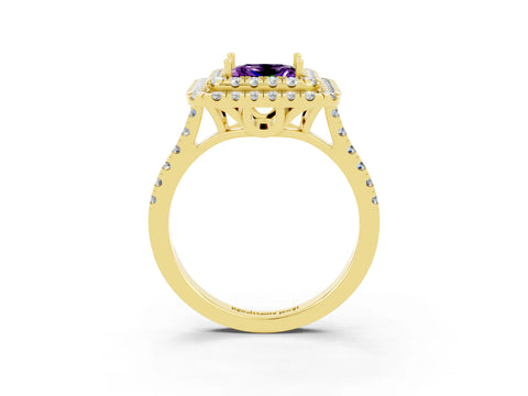 Yellow gold Double Halo Princess Cut Amethyst Pavé Band with Four-Prong Setting_3