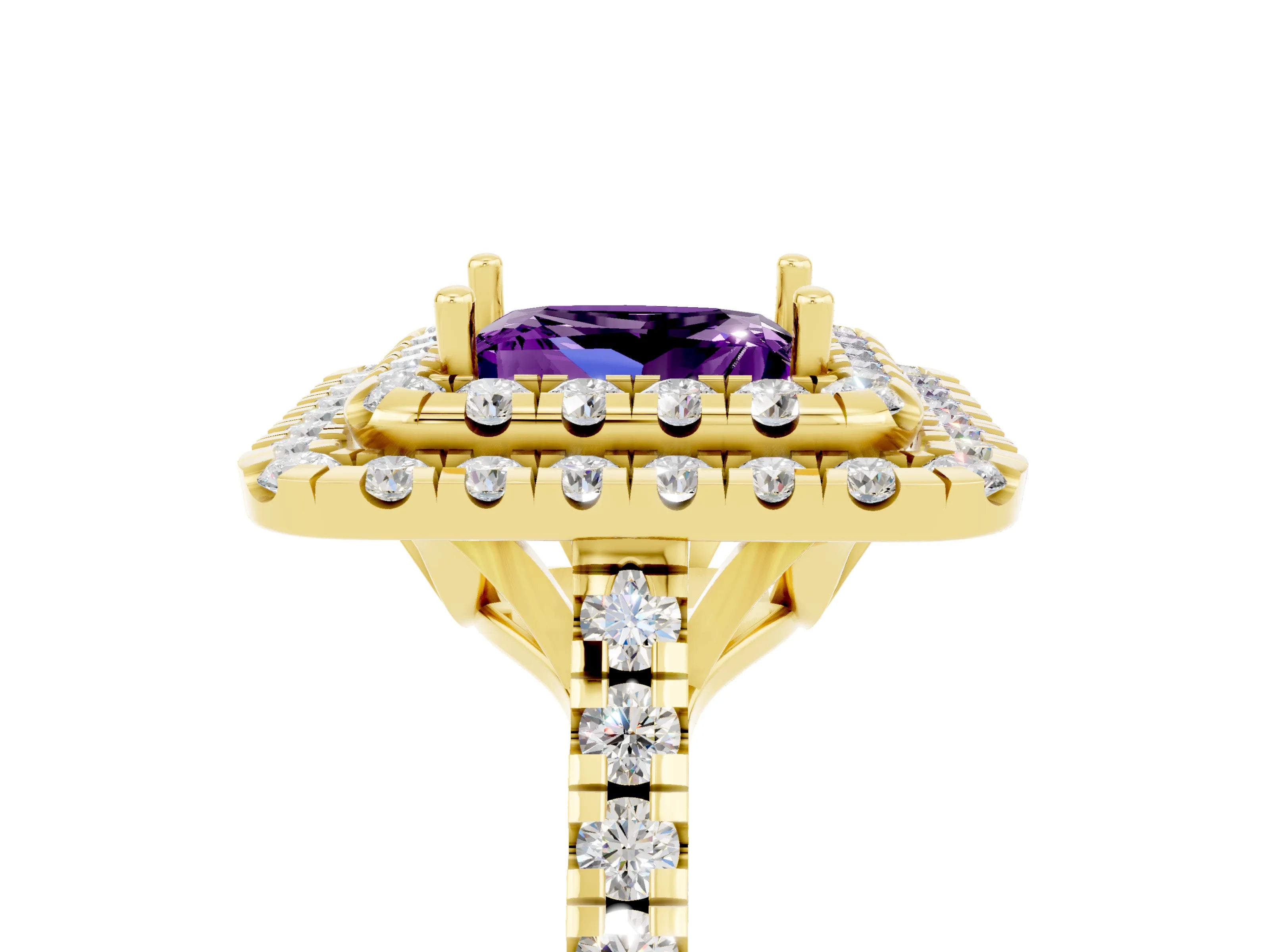 Yellow gold Double Halo Princess Cut Amethyst Pavé Band with Four-Prong Setting_5