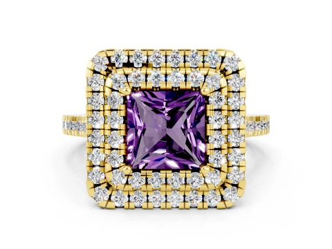 Yellow gold Double Halo Princess Cut Amethyst Pavé Band with Four-Prong Setting