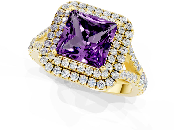 Yellow gold Double Halo Princess Cut Amethyst Pavé Split Shank Ring with Prong Setting