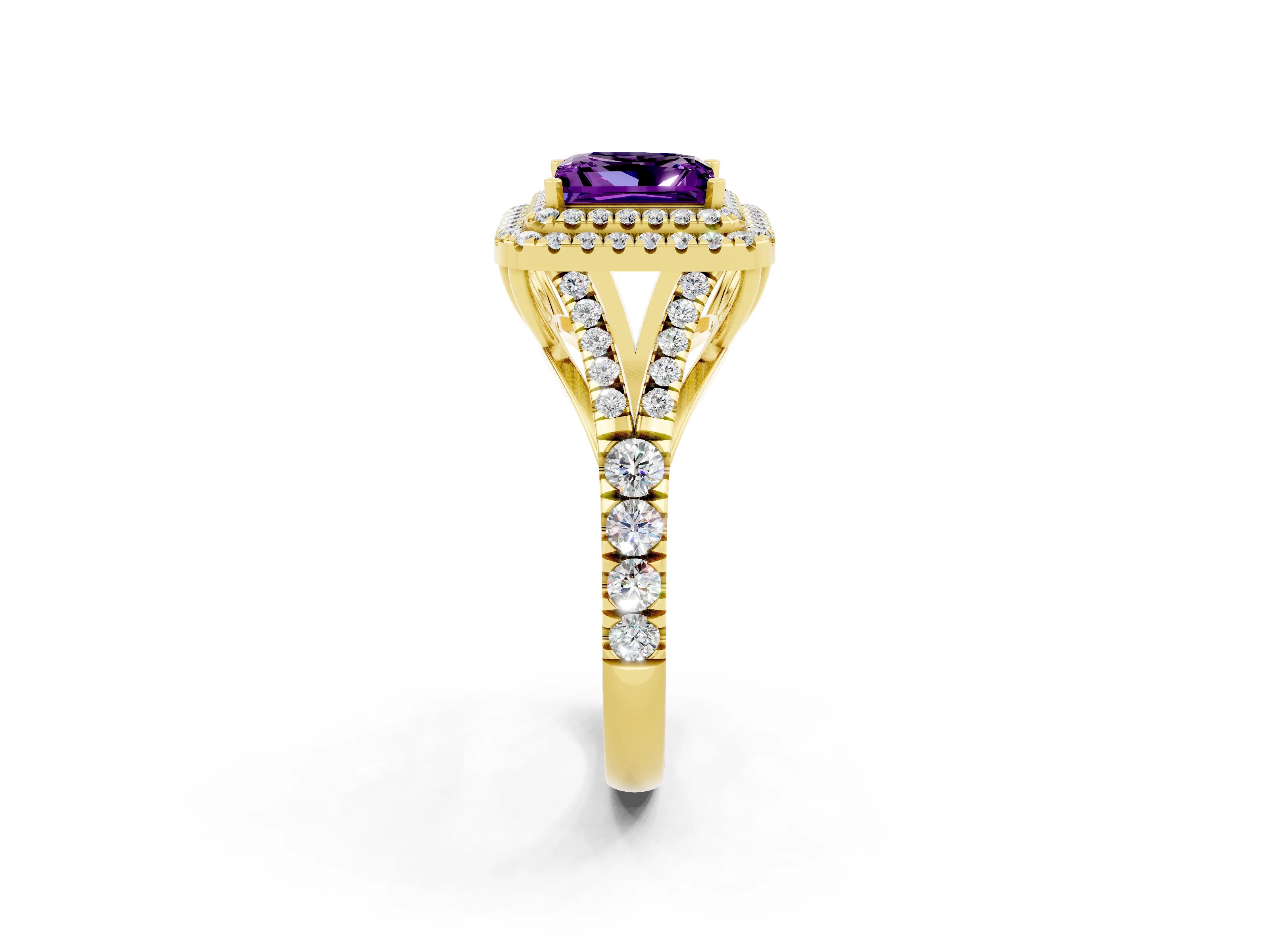 Yellow gold Double Halo Princess Cut Amethyst Pavé Split Shank Ring with Prong Setting_2