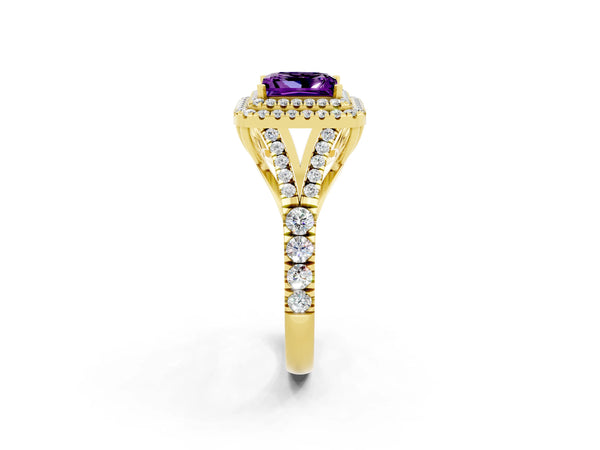 Yellow gold Double Halo Princess Cut Amethyst Pavé Split Shank Ring with Prong Setting