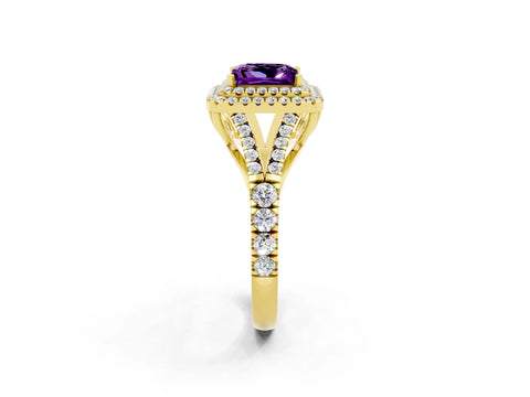 Yellow gold Double Halo Princess Cut Amethyst Pavé Split Shank Ring with Prong Setting_2
