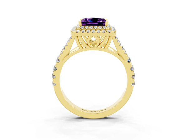Yellow gold Double Halo Princess Cut Amethyst Pavé Split Shank Ring with Prong Setting