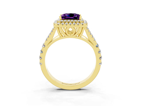 Yellow gold Double Halo Princess Cut Amethyst Pavé Split Shank Ring with Prong Setting_3