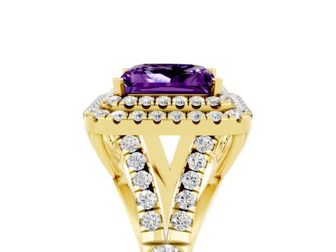 Yellow gold Double Halo Princess Cut Amethyst Pavé Split Shank Ring with Prong Setting_5