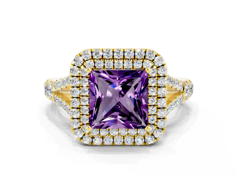 Yellow gold Double Halo Princess Cut Amethyst Pavé Split Shank Ring with Prong Setting
