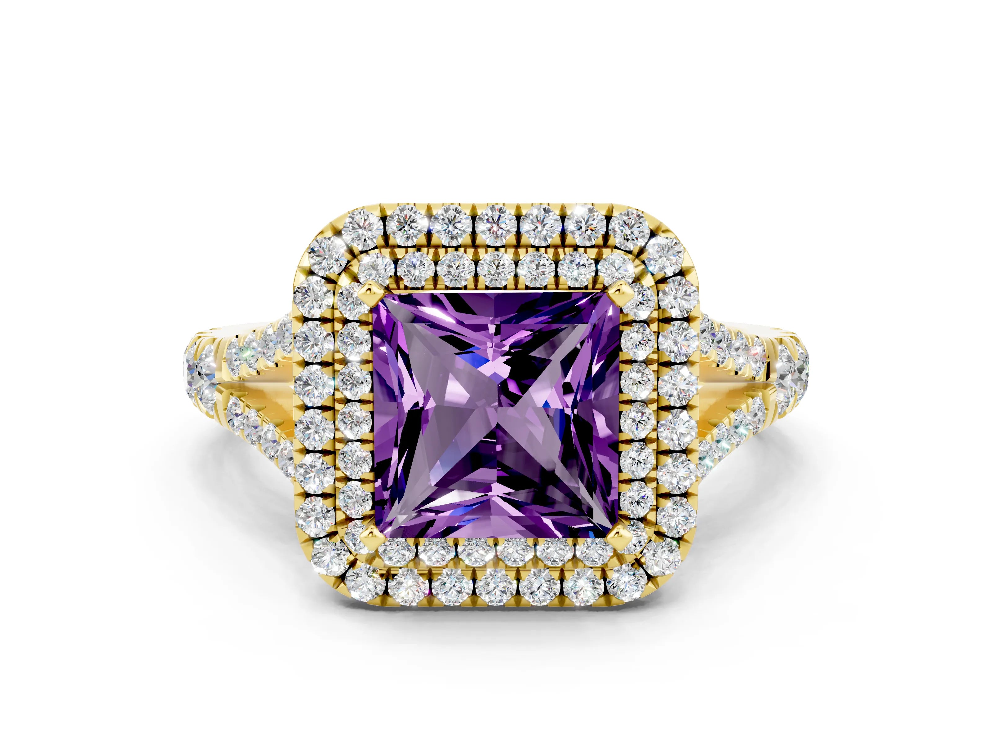 Yellow gold Double Halo Princess Cut Amethyst Split Shank Engagement Ring with Four-Prong Setting