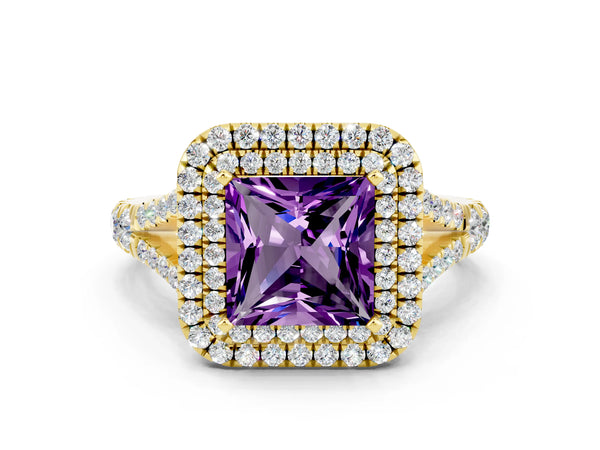 Yellow gold Double Halo Princess Cut Amethyst Split Shank Engagement Ring with Four-Prong Setting
