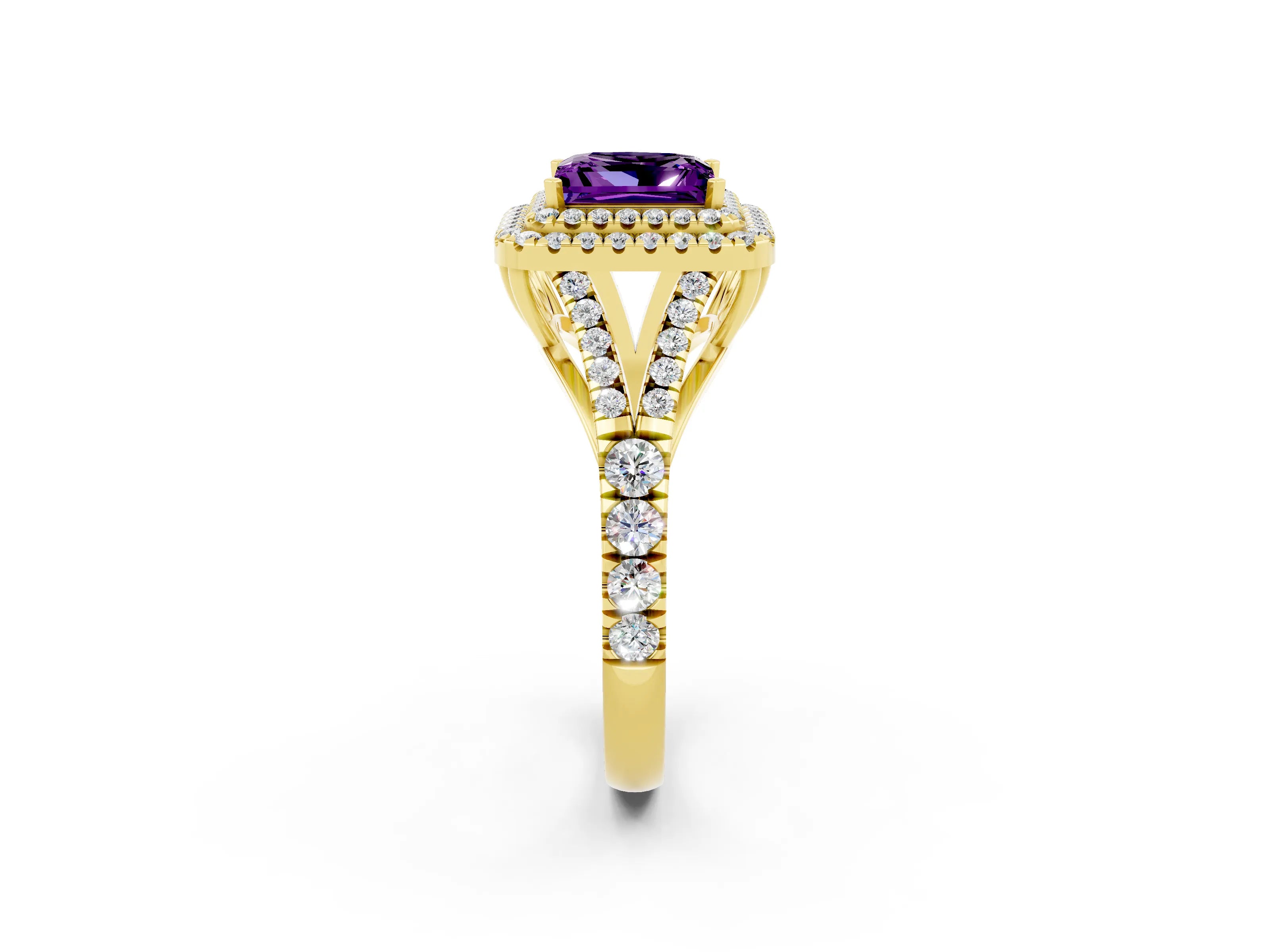 Yellow gold Double Halo Princess Cut Amethyst Split Shank Engagement Ring with Four-Prong Setting_2