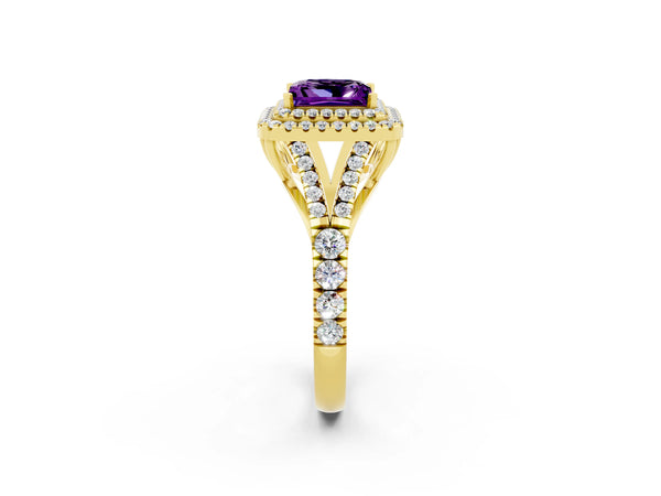Yellow gold Double Halo Princess Cut Amethyst Split Shank Engagement Ring with Four-Prong Setting