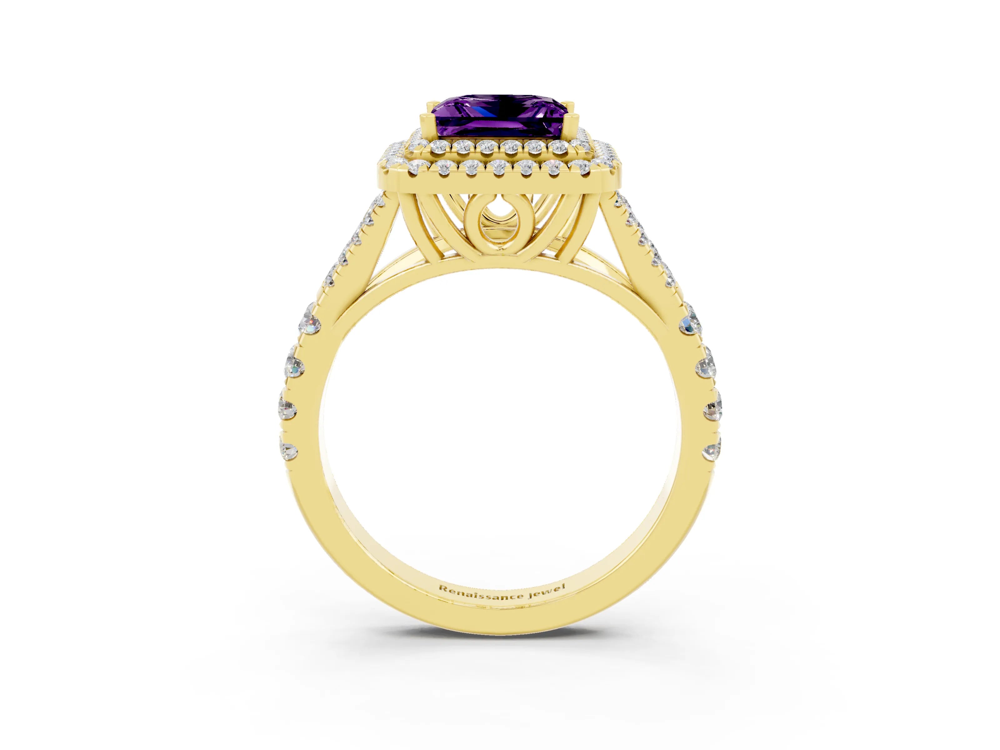 Yellow gold Double Halo Princess Cut Amethyst Split Shank Engagement Ring with Four-Prong Setting_3