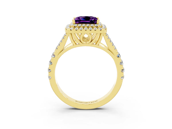 Yellow gold Double Halo Princess Cut Amethyst Split Shank Engagement Ring with Four-Prong Setting