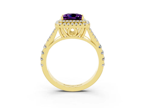 Yellow gold Double Halo Princess Cut Amethyst Split Shank Engagement Ring with Four-Prong Setting_3
