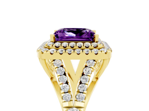 Yellow gold Double Halo Princess Cut Amethyst Split Shank Engagement Ring with Four-Prong Setting_5