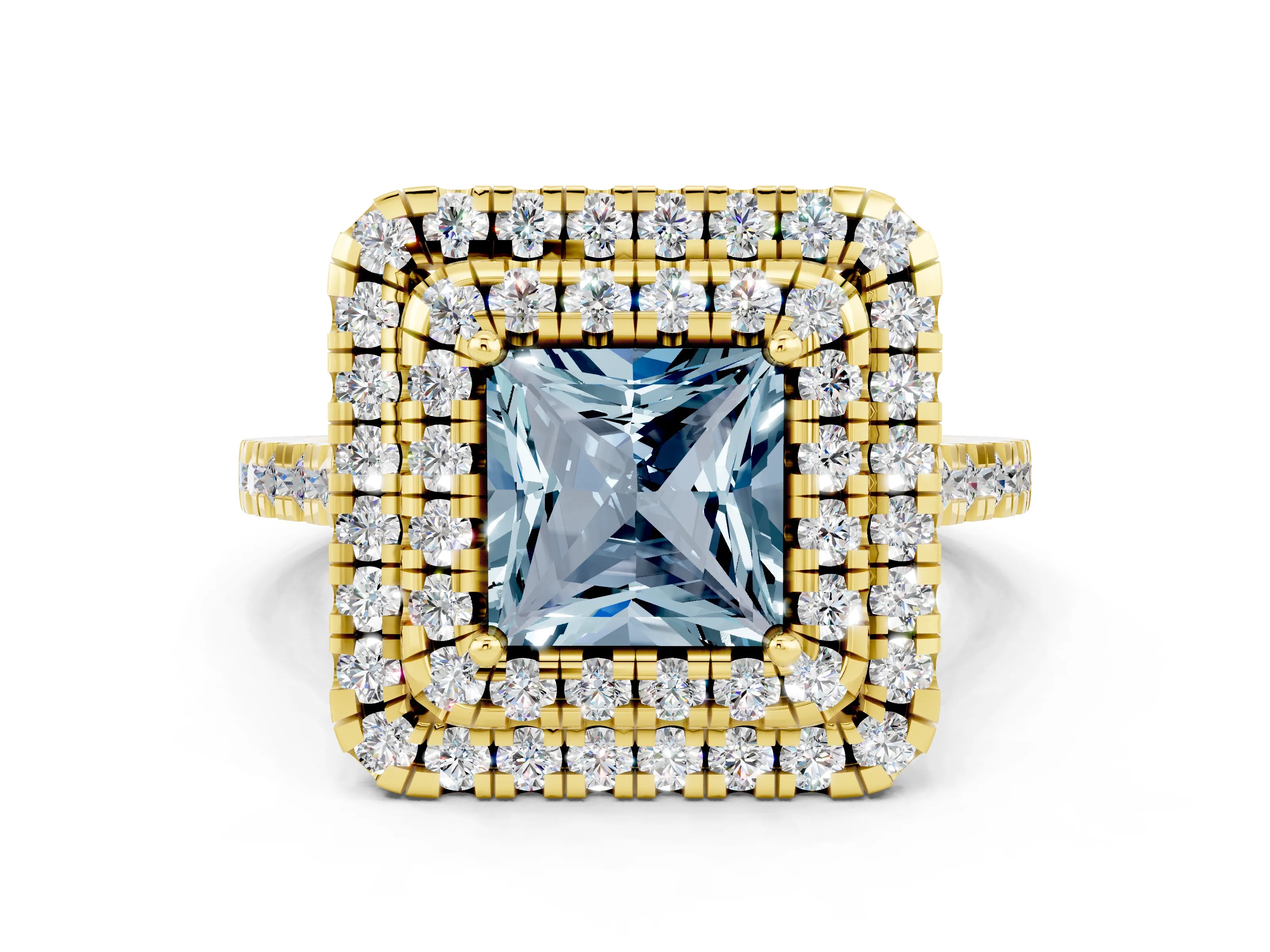 Yellow gold Double Halo Princess Cut Aquamarine Pavé Band with Four-Prong Setting