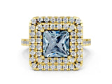 Yellow gold Double Halo Princess Cut Aquamarine Pavé Band with Four-Prong Setting