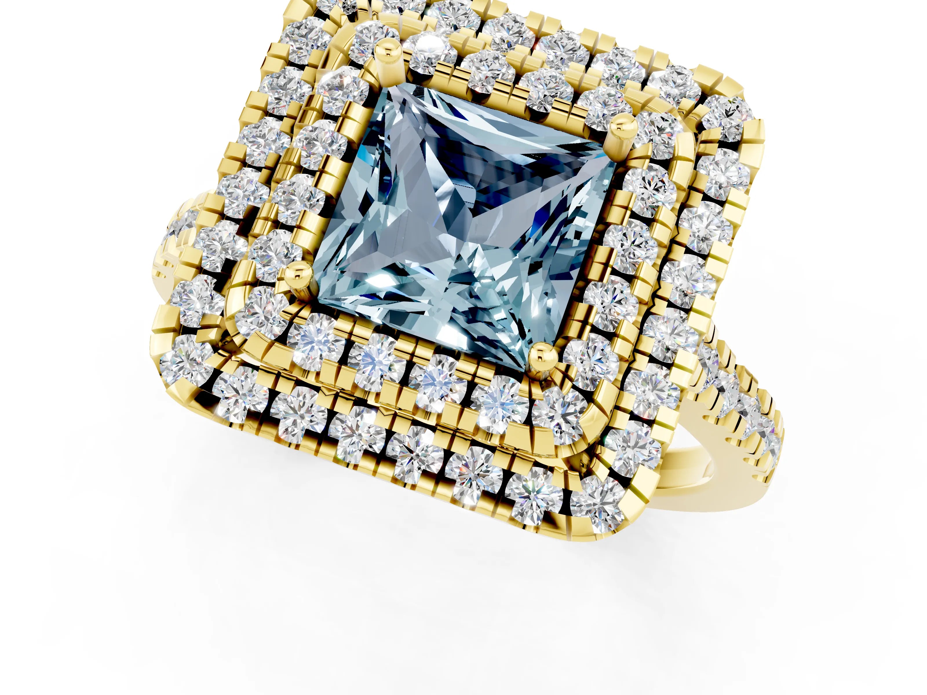 Yellow gold Double Halo Princess Cut Aquamarine Pavé Band with Four-Prong Setting_1