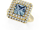 Yellow gold Double Halo Princess Cut Aquamarine Pavé Band with Four-Prong Setting_1