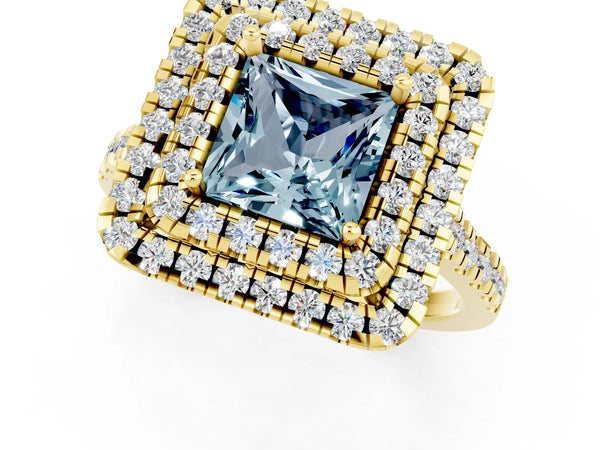 Yellow gold Double Halo Princess Cut Aquamarine Pavé Band with Four-Prong Setting