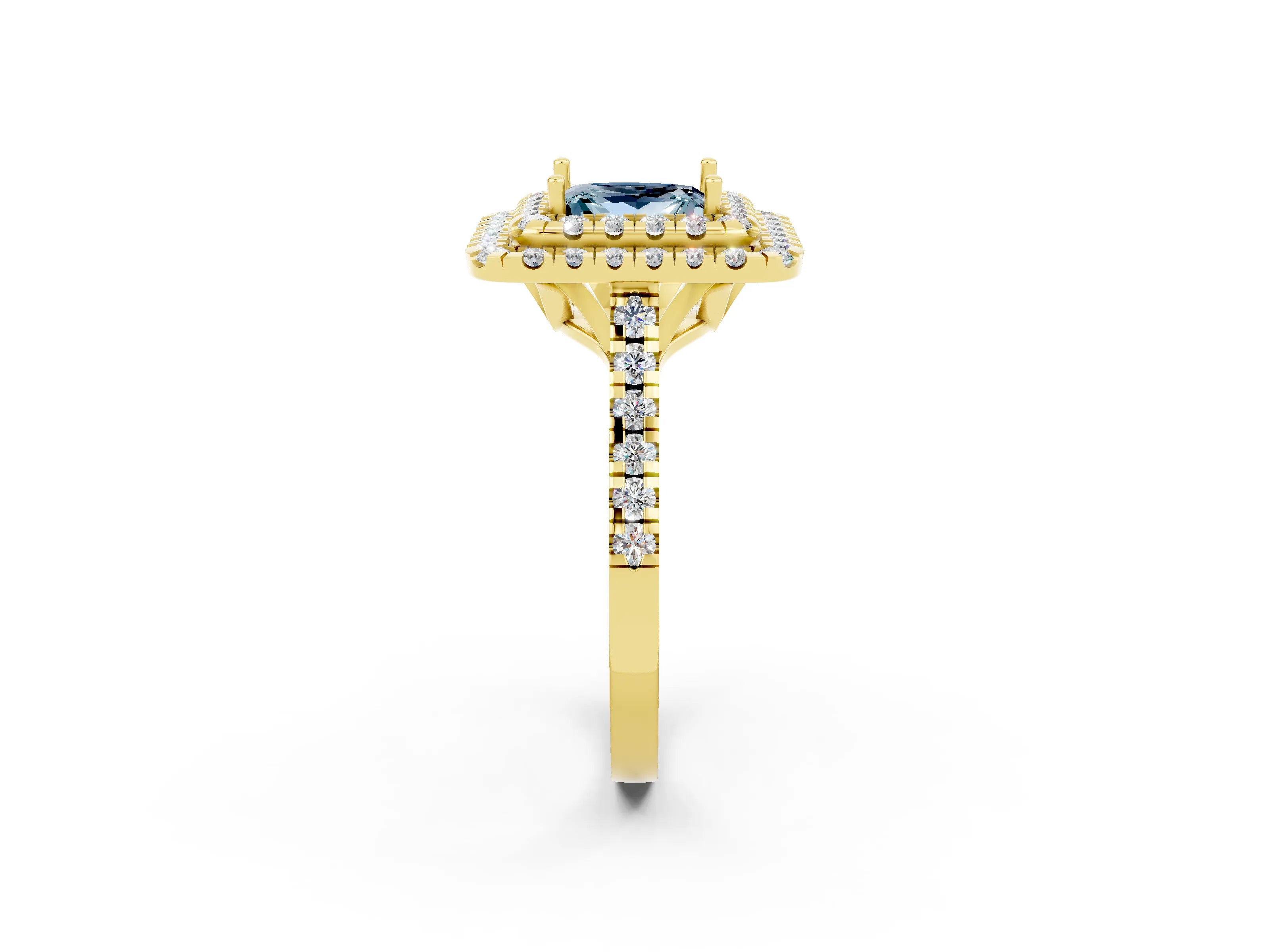 Yellow gold Double Halo Princess Cut Aquamarine Pavé Band with Four-Prong Setting_2