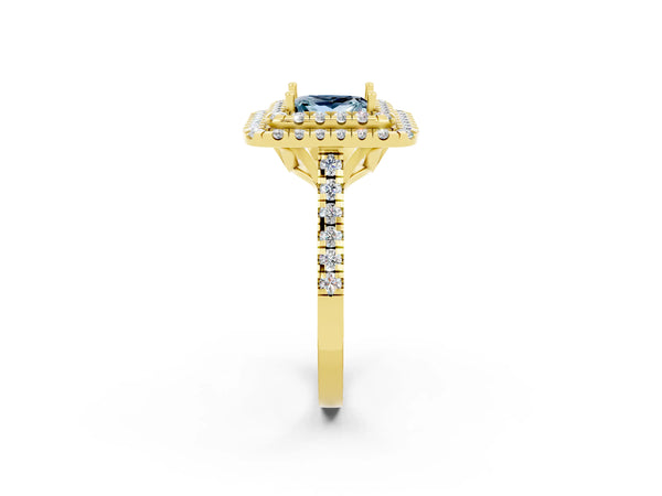 Yellow gold Double Halo Princess Cut Aquamarine Pavé Band with Four-Prong Setting