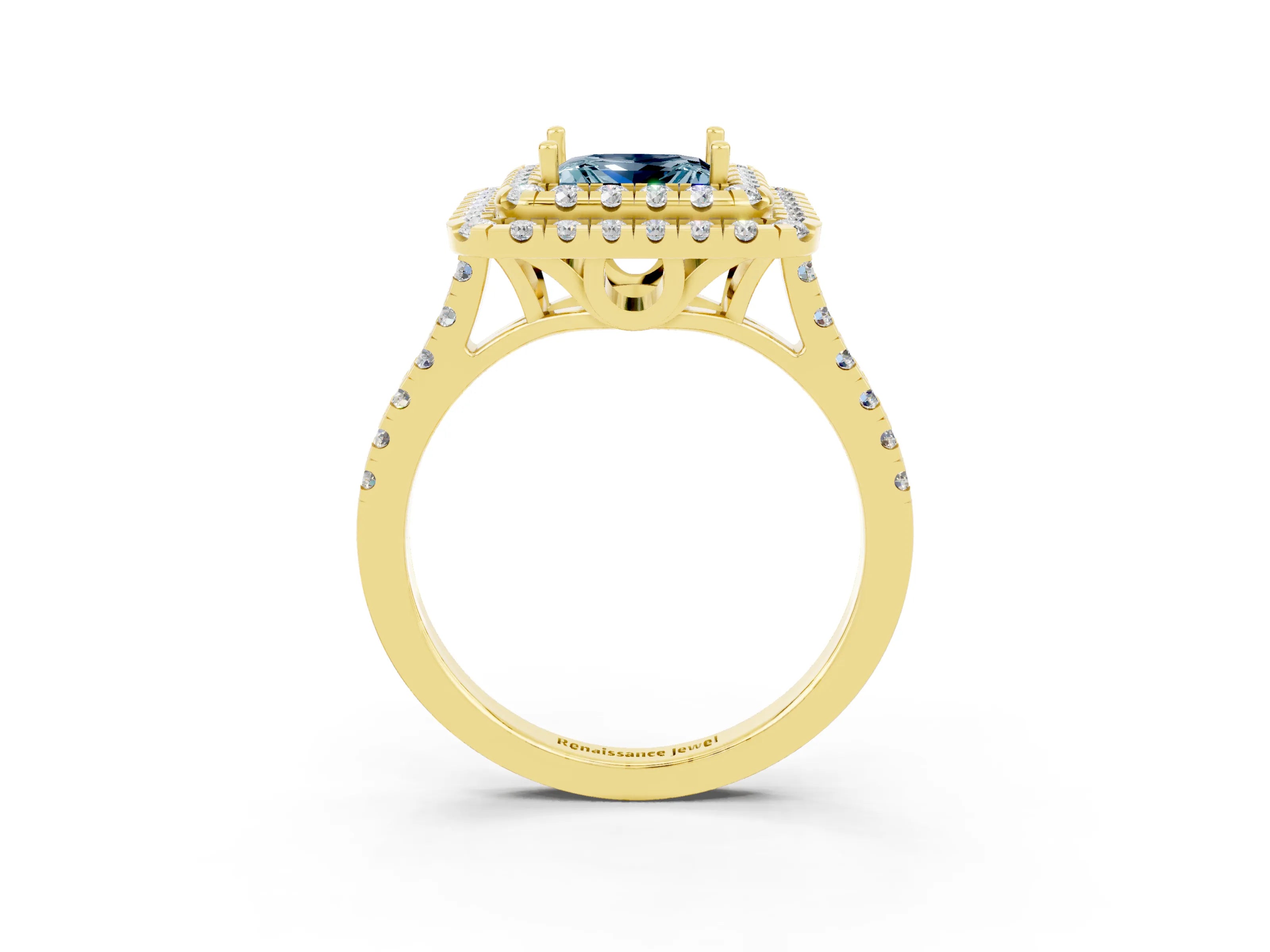Yellow gold Double Halo Princess Cut Aquamarine Pavé Band with Four-Prong Setting_3