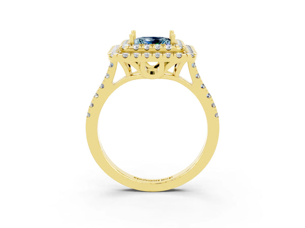 Yellow gold Double Halo Princess Cut Aquamarine Pavé Band with Four-Prong Setting