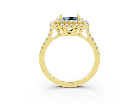 Yellow gold Double Halo Princess Cut Aquamarine Pavé Band with Four-Prong Setting_3