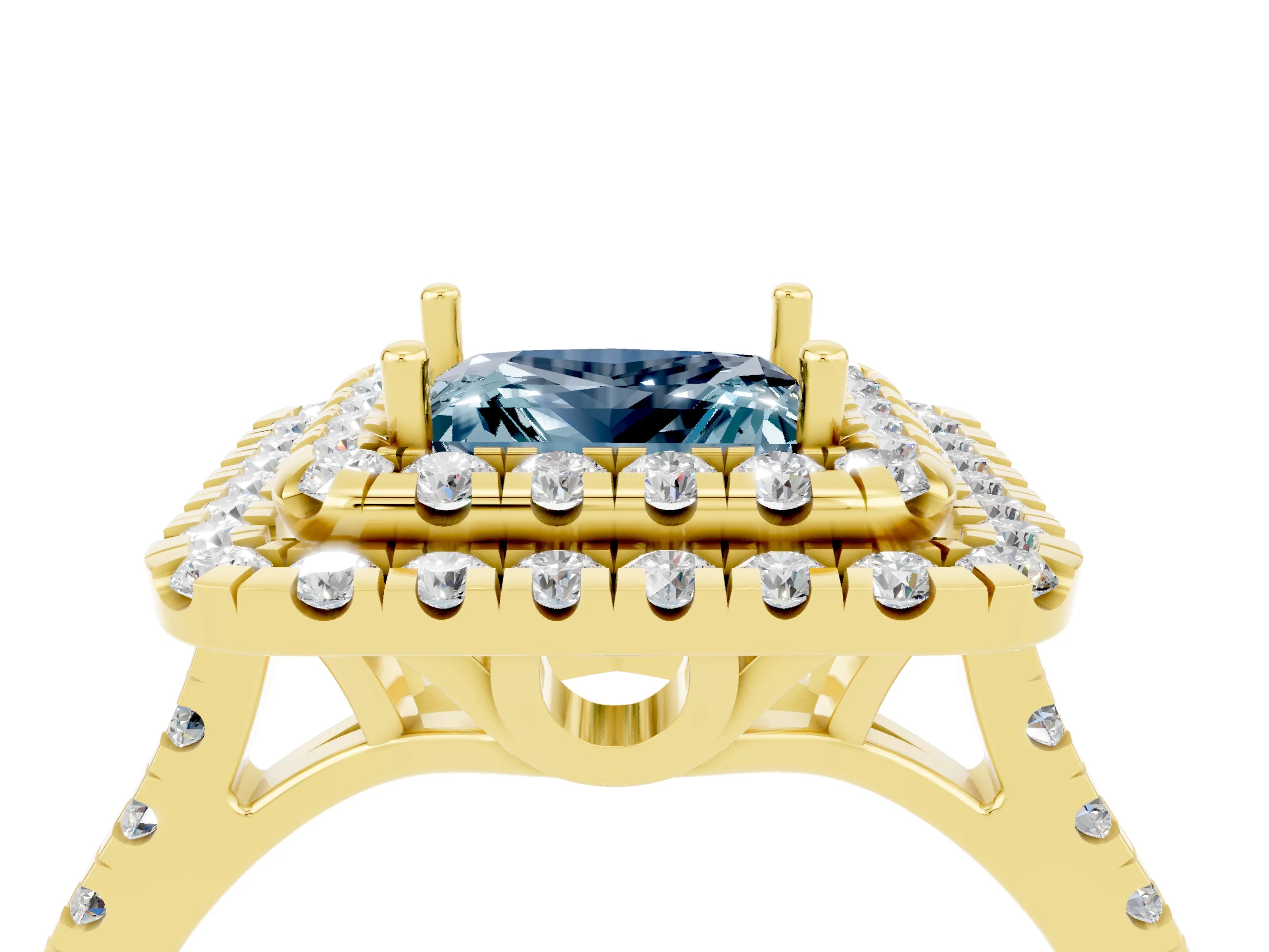 Yellow gold Double Halo Princess Cut Aquamarine Pavé Band with Four-Prong Setting_4